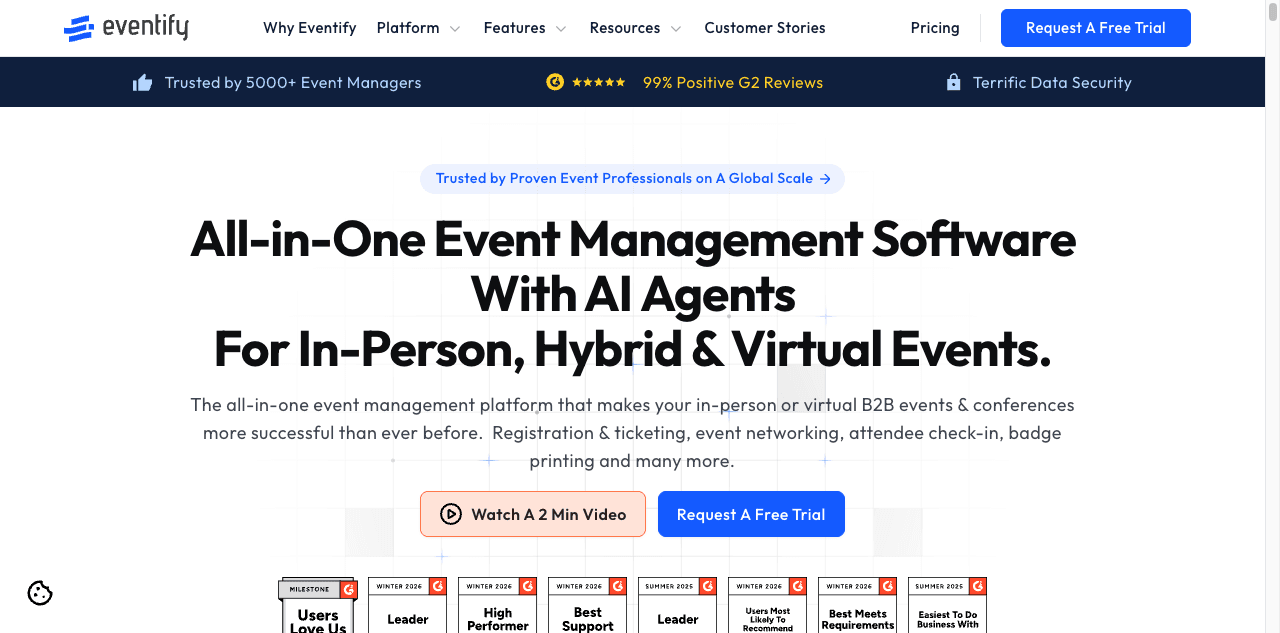 The Eventify.io homepage: all-in-one event management software with AI agents for in-person, hybrid and virtual events