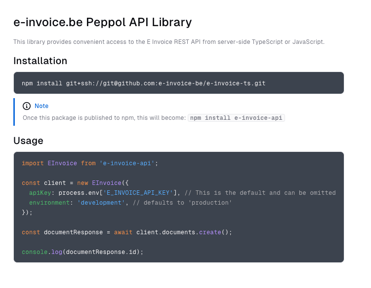 Developer workspace with e-invoice.be API integration