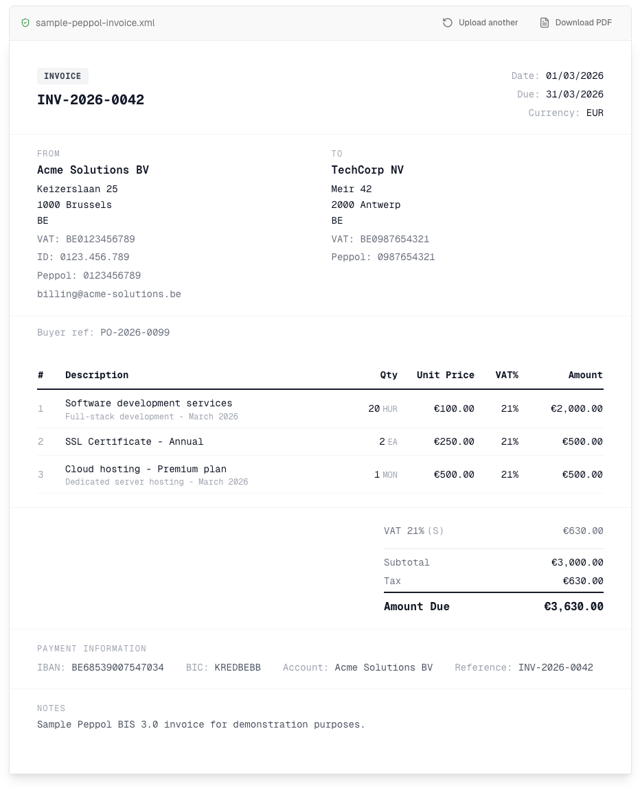 Sample Peppol BIS 3.0 invoice rendered by the viewer, showing seller, buyer, line items, tax breakdown and payment information.
